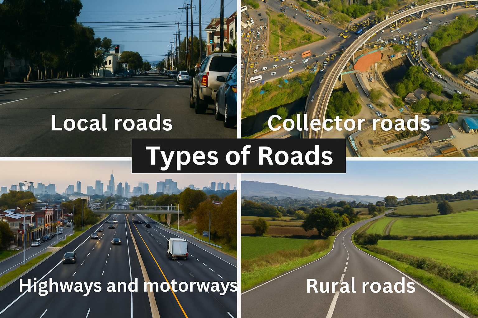 collage showing different types of roads including highways, rural roads, city streets, and intersections for daily travel