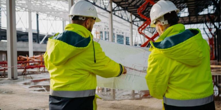 project planning and site management discussion at construction site