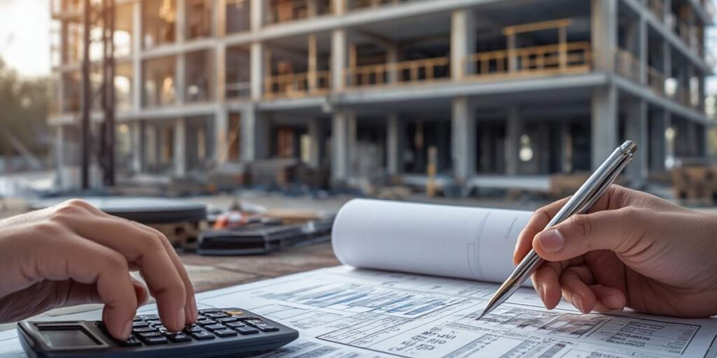 Construction budget planning with blueprints, calculator, and commercial building project