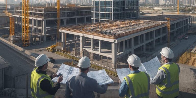 Modern commercial plaza and high-rise building under construction in Pakistan