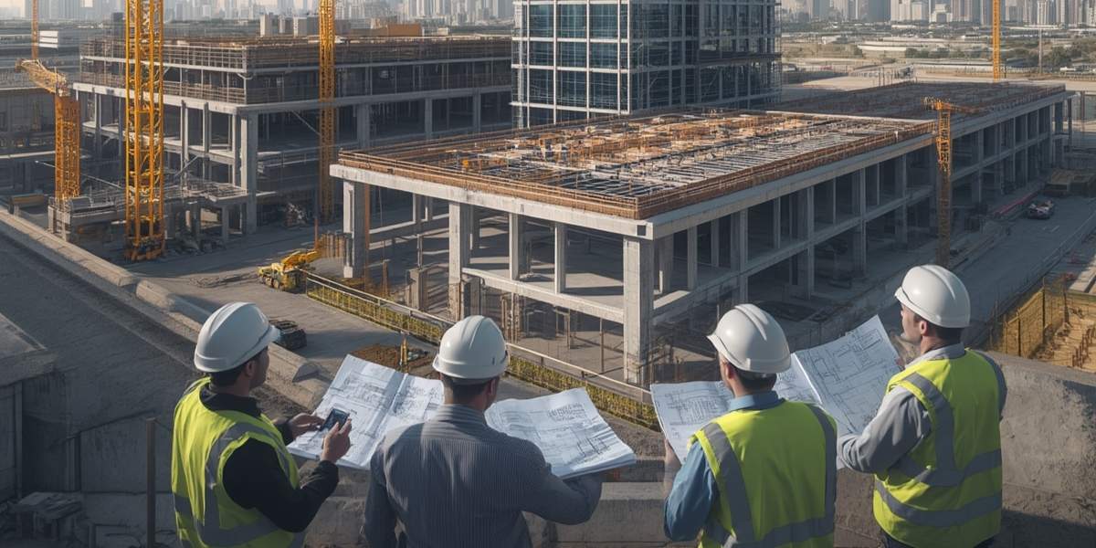 Modern commercial plaza and high-rise building under construction in Pakistan
