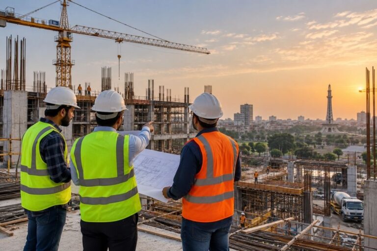 Best construction company in Lahore – engineers reviewing a building construction project