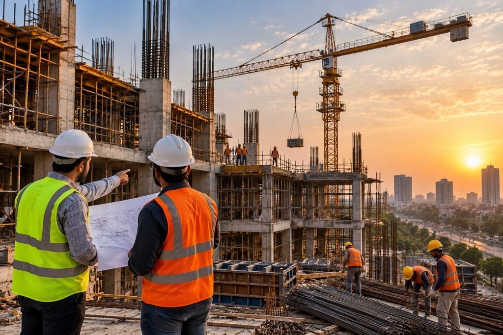 Construction engineers supervising building construction and project management in Lahore