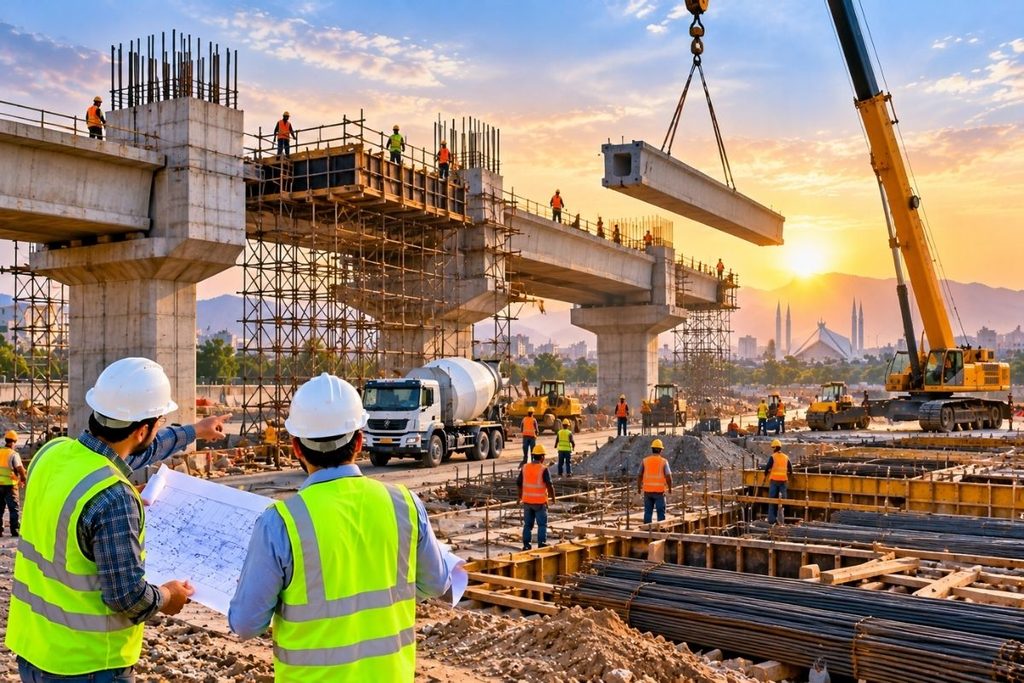 Civil construction companies in Pakistan building a concrete bridge with cranes, construction engineers, and heavy machinery