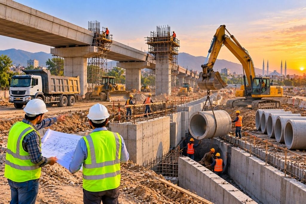 Civil construction companies in Pakistan installing concrete drainage pipes and developing infrastructure with excavators and engineering teams