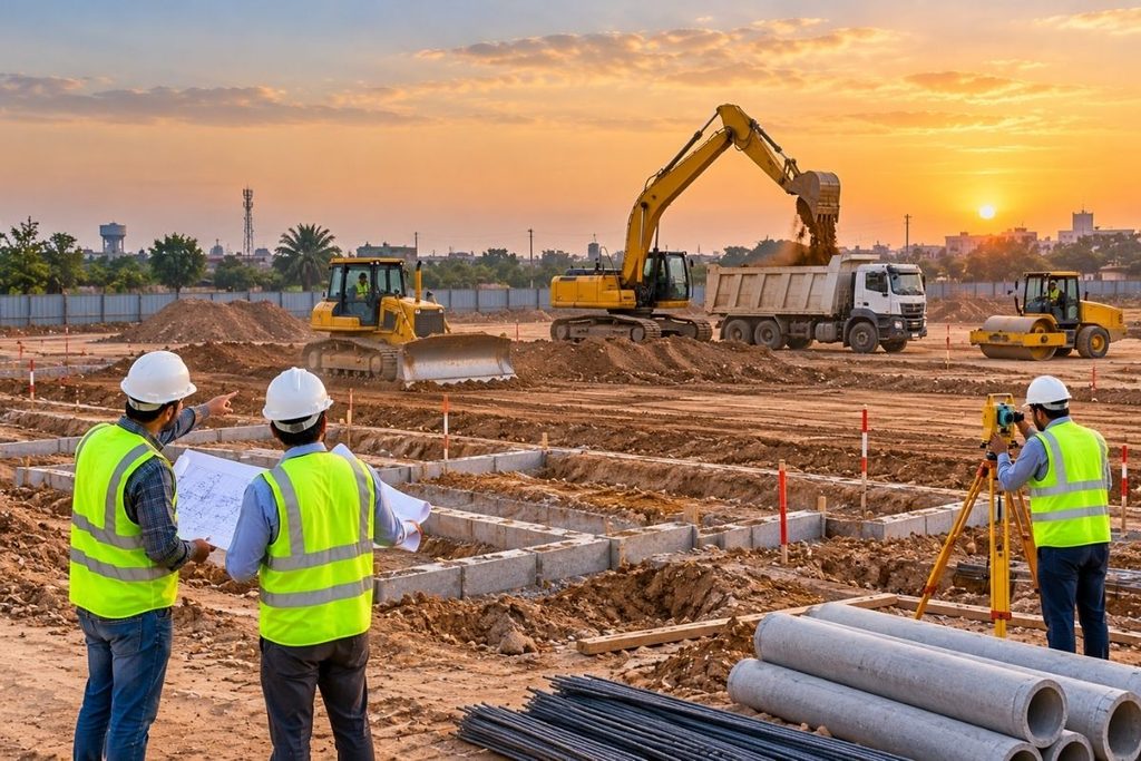 Excavators, bulldozers, and construction engineers carrying out earthworks and site preparation for commercial construction in Lahore, Pakistan