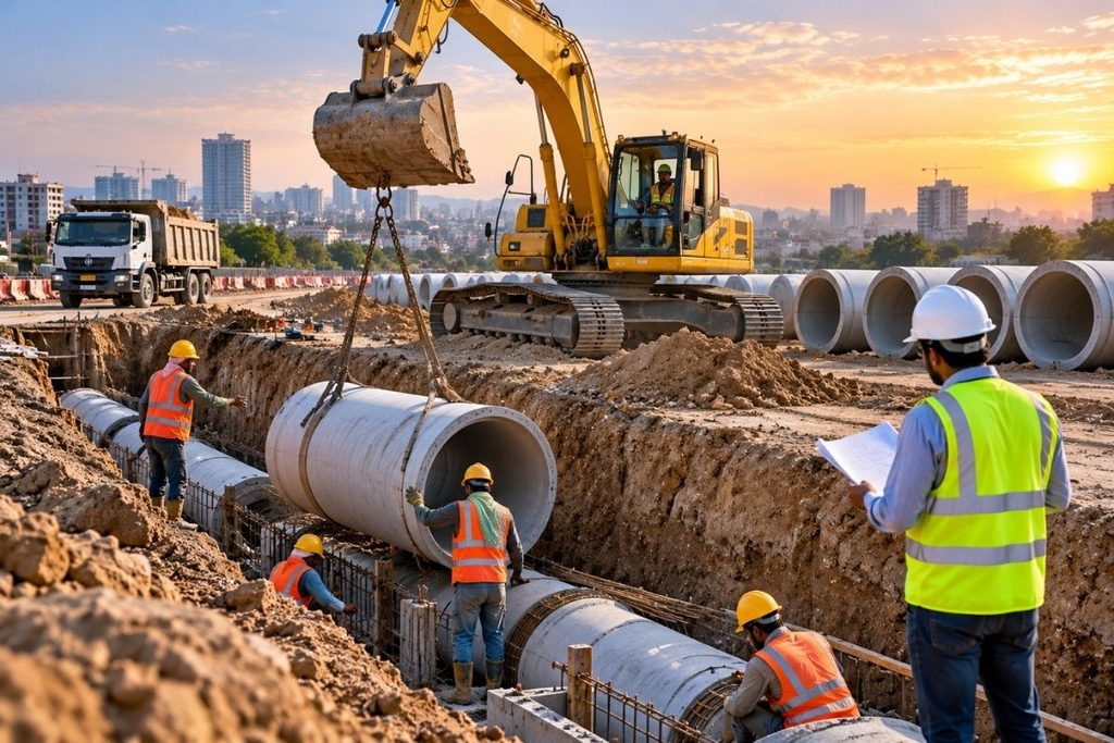 Infrastructure company in Pakistan installing large concrete drainage pipes with excavators and construction workers for an underground drainage system