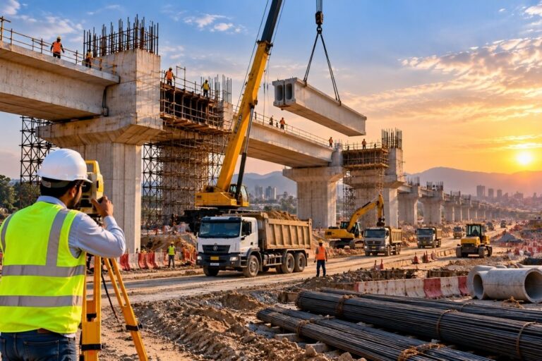Infrastructure company in Pakistan illustrating large-scale bridge construction with heavy machinery, cranes, and surveying equipment