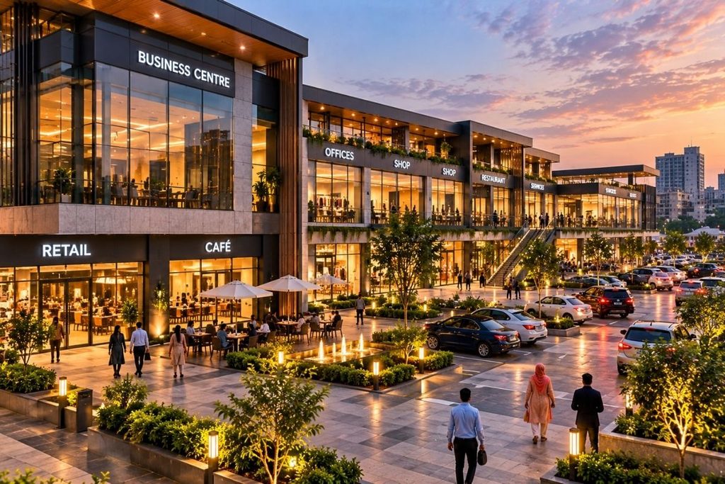 Modern commercial plaza with retail shops, office spaces, restaurants, and parking facilities in Lahore, Pakistan