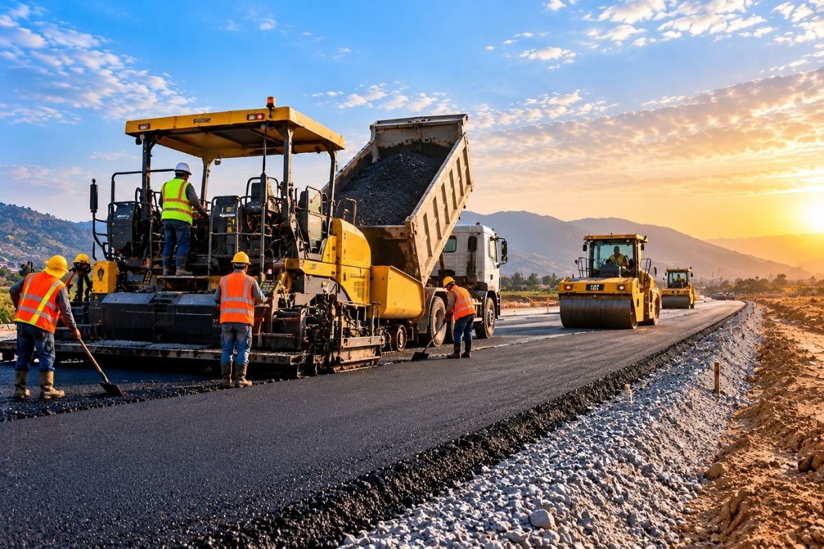 Road construction company in Pakistan laying fresh asphalt on a highway using paving machines, road rollers, and construction workers