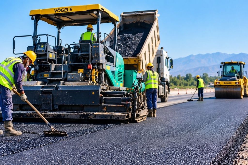 Road construction company in Pakistan laying fresh asphalt using paving machinery, dump trucks, road rollers, and construction workers