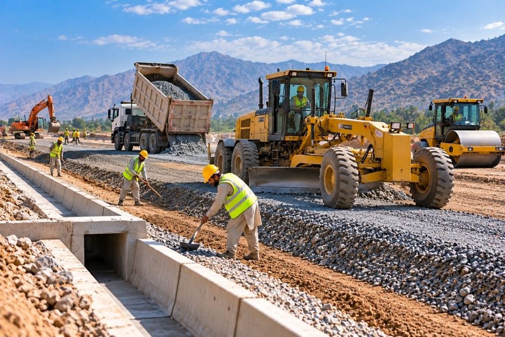 Road construction company in Pakistan preparing a road foundation with motor graders, road rollers, gravel trucks, and construction workers
