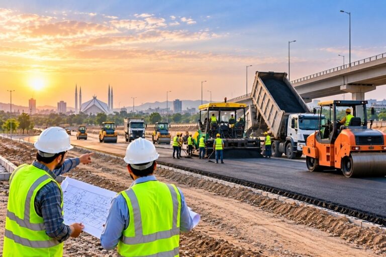 Civil construction companies in Pakistan working on highway development with asphalt paving equipment, road rollers, and construction engineers